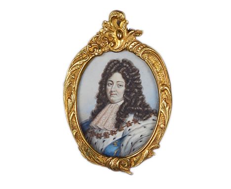 ˜A PORTRAIT MINIATURE OF LOUIS XIV KING OF FRANCE AND NAVARRE, BY *** OBREY, LATE 19TH CENTURY wearing ermine robes, signed, 