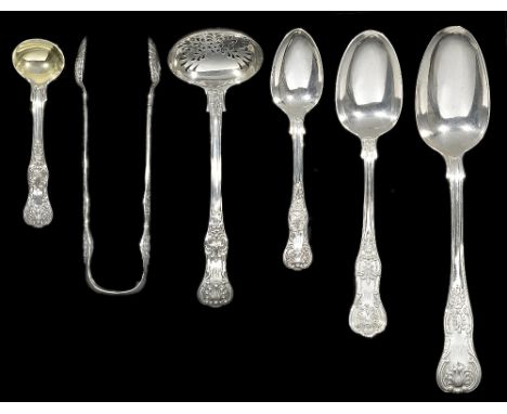 QUEENS PATTERN TABLE SILVER, VARIOUS MAKERS, LONDON, 1823-1888 comprising: four tablespoons, thirteen dessert spoons, four te