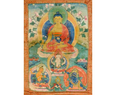A THANG-KA DEPICTING BUDDHA, TIBET, 19TH CENTURY pigment on cloth, the Buddha seated in a landscape amidst blossoms, smaller 