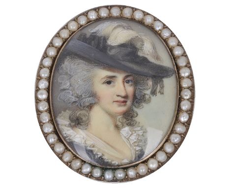 ˜A PORTRAIT MINIATURE OF A LADY, BY GEORGE ENGLEHEART (1750-1829), CIRCA 1785 wearing a black hat adorned with ostrich plumes