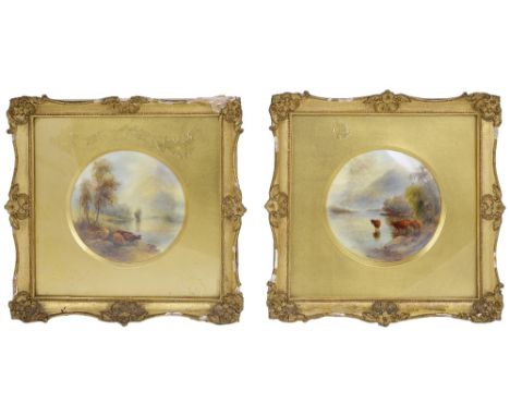 A PAIR OF ROYAL WORCESTER PLAQUES, PAINTED BY JOHN STINTON JNR., 1917 lightly domed, each painted with Highland cattle in a r
