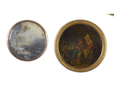 A VERNIS MARTIN PLAQUE, FRENCH, CIRCA 1770 painted with a scene of children playing Shop, 6.5cm diameter excluding stamped gi