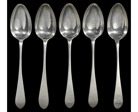 A SET OF FOUR SCOTTISH GEORGE III SILVER TABLESPOONS, PETER MATHIE, EDINBURGH, 1794 Celtic Point pattern, engraved with the c