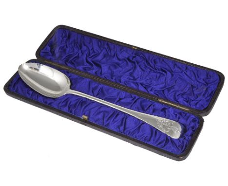 A VICTORIAN SILVER ADMIRALTY PATTERN GRAVY SPOON, G.W. ADAMS FOR CHAWNER & CO, OVERSTRUCK BY HUNT & ROSKELL AS RETAILERS, LON