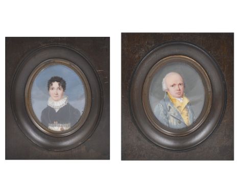 ˜TWO PORTRAIT MINIATURES OF A LADY AND GENTLEMAN, PERHAPS BRUSSELS, CIRCA 1815 he with receding hair wearing a yellow waistco