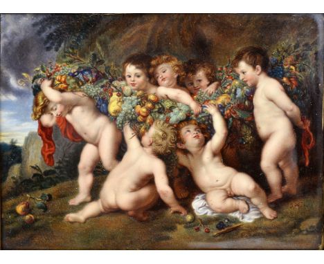 A BERLIN PLAQUE OF 'THE GARLAND OF FRUIT', CIRCA 1890 painted by Franz Schier after Peter Paul Rubens with seven putti playin