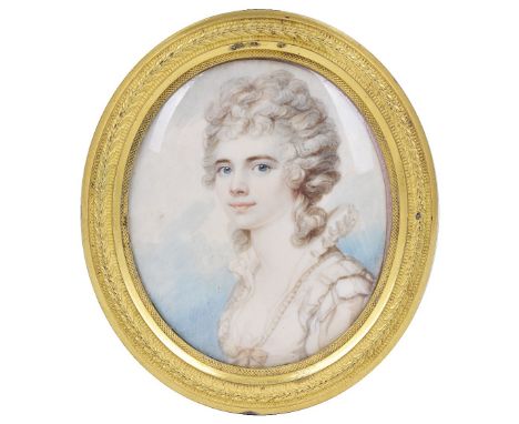 ˜A PORTRAIT MINIATURE OF A LADY, BY RICHARD COSWAY (1742-1821), CIRCA 1790 curled hair, in Vandyke costume, on ivory, associa