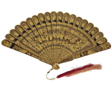 A CHINESE GILT AND BLACK LACQUER BRISE FAN, PROBABLY CANTON, MID 19TH CENTURY each side painted with a central scene of figur