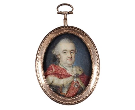 A PORTRAIT MINIATURE OF KARL THEODOR, ELECTOR OF BAVARIA, GERMAN SCHOOL, CIRCA 1770 wearing armour, an ermine-lined crimson c