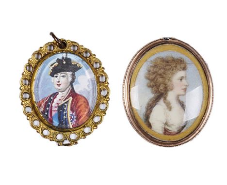 ˜A PORTRAIT MINIATURE OF A LADY, IRISH SCHOOL, CIRCA 1785 in profile to sinister, with backswept curled brown hair, on ivory,