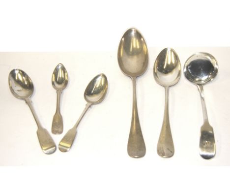 A SET OF SIX VICTORIAN SILVER TEASPOONS, JOHN STONE, EXETER, 1844 Fiddle pattern, the terminals engraved with the initials JG