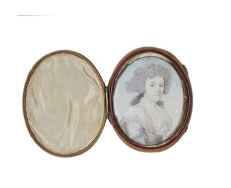 ˜A PORTRAIT MINIATURE OF A LADY, MANNER OF PHILIP JEAN, CIRCA 1790 powdered hair adorned with strands of pearls, wearing a gr