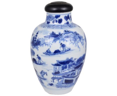 A CHINESE BLUE AND WHITE PORCELAIN SMALL VASE, KANGXI (1662-1722) ovoid, painted with an extensive river landscape with a fig