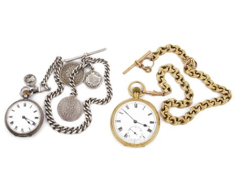 A GOLD POCKET WATCH, CIRCA 1913, WITH GOLD ALBERT CHAIN keyless wind 17 jewel Swiss movement, white enamel dial with Roman nu