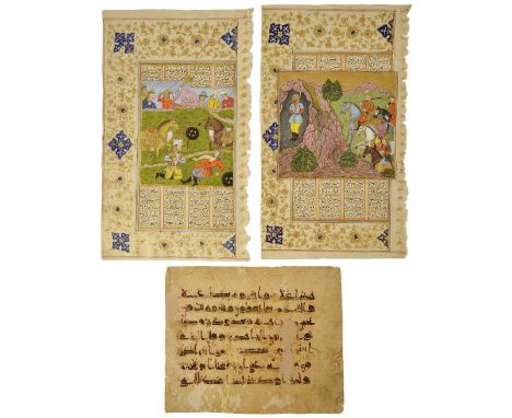 THREE ISLAMIC FOLIOS comprising Two illustrated leaves from a dispersed shahnama, Delhi or Kashmir, circa 1800, gouache with 