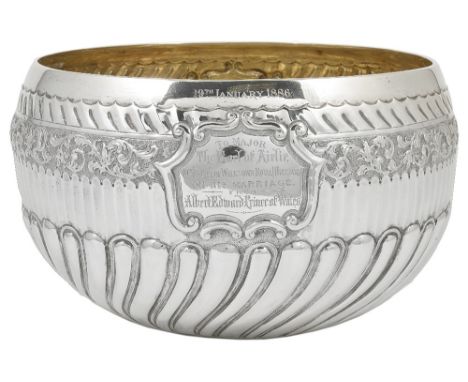ROYAL: A VICTORIAN SILVER BOWL, F.B. THOMAS & CO., LONDON, 1885 circular, chased with bands of curved lobes, fluting and and 