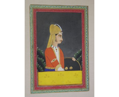 PORTRAIT OF A RULER, RAJASTHAN, PROBABLY JAIPUR, SECOND HALF 19TH CENTURY gouache with gold on paper, the subject wearing a g