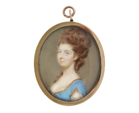 ˜A PORTRAIT MINIATURE OF A LADY, BY JOHN SMART (CIRCA 1740-1811), CIRCA 1775 with piled brown hair, wearing a gold edged blue