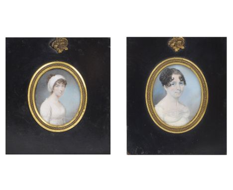 ˜A PORTRAIT MINIATURE OF A LADY, BY CHARLES SHIRREFF (1750-1831), CIRCA 1800 her hair bound with a bandeau, wearing a white d