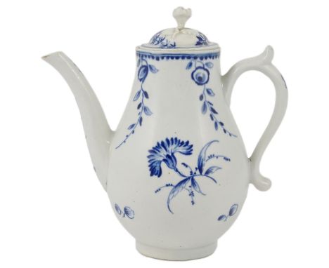 A WORCESTER SMALL COFFEE POT AND MATCHED COVER, CIRCA 1785 pear shaped, painted in underglaze blue with the 'Caughley Gillifl