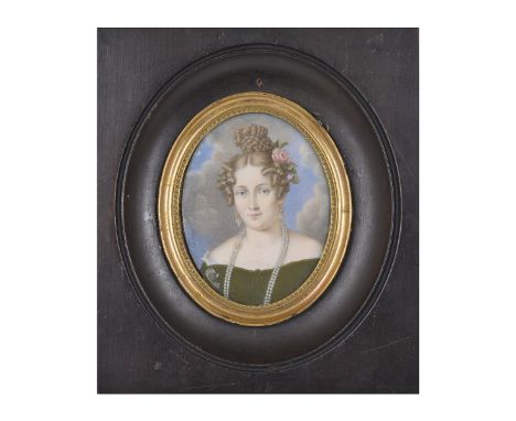 ˜A PORTRAIT MINIATURE OF AMALIE HAIZINGER, GERMAN SCHOOL, CIRCA 1835 her elaborately dressed hair adorned with pink flowers, 