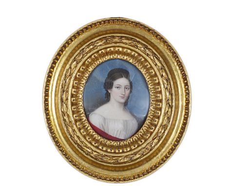 ˜A PORTRAIT MINIATURE OF A LADY, POSSIBLY ITALIAN SCHOOL, CIRCA 1830 with dark hair wearing a white chemise and a red shawl, 