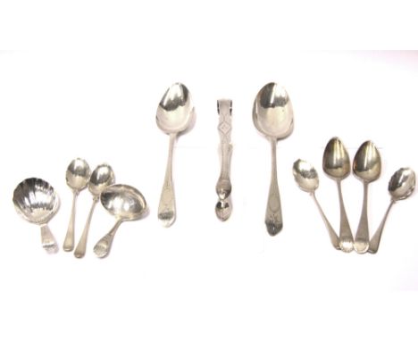 TWO GEORGE III SILVER CADDY SPOONS AND A SET OF FIVE TEASPOONS, GEORGE BASKERVILLE, LONDON, 1795 AND 1797 both caddy spoons i