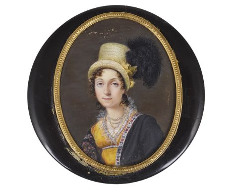 ˜A PORTRAIT MINIATURE OF A YOUNG LADY, BY AIMEE PERLET (ACTIVE 1798-1854), CIRCA 1815 wearing a straw hat adorned with black 