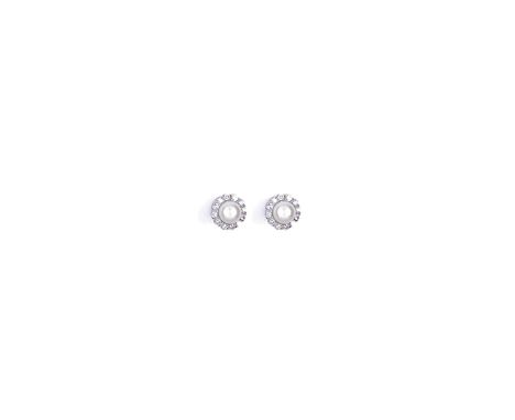 PAIR OF CULTURED PEARL AND DIAMOND EARRINGS each pearl measuring 8-8.5mm approximately within a surround of claw set brillian