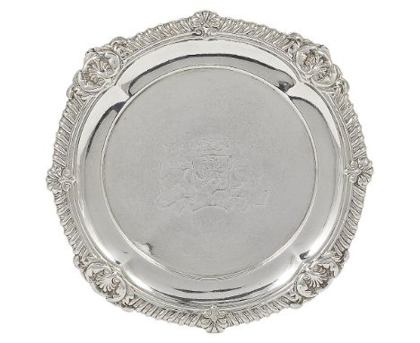 A GEORGE III SILVER WAITER, PAUL STORR FOR RUNDELL, BRIDGE & RUNDELL, LONDON, 1812 shaped circular, engraved with the Ogilvy 