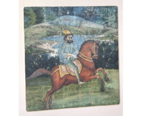 PORTRAIT OF A MAHARAJA ON HORSEBACK, RAJASTHAN, WESTERN INDIA, CIRCA 1900 gouache with gold on paper, framed 14 x 13.7cm (wit