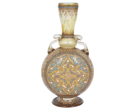 A FRENCH ENAMELLED GLASS MAMLUK STYLE FLASK, PHILIPPE-JOSEPH BROCARD, PARIS, CIRCA 1880 flattened moon form, the amber tinted