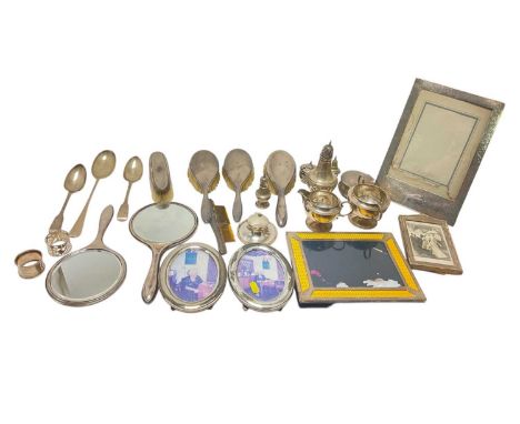 Selection of miscellaneous silver, including two small castors, sugar caster, milk jug and sugar bowl, large serving spoon an