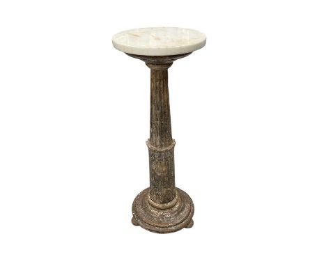 19th century silvered gesso pedestal, with circular marble top, on flared fluted column and squat bun feet, 76cm high