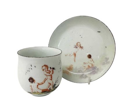 A rare Chelsea bell shaped coffee cup and saucer, painted with children and putti, circa 1755, 6.5cm highSome enamel wear but