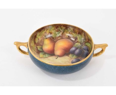 Royal Worcester twin handled Bon Bon dish, dated 1920 painted with fruit, signed Thomas Lockyear, 16.4cm wide including handl