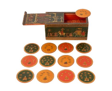 Good complete set of 96 19th century Indian painted Ganjifa playing cards, circular form, each 5.4cm diameter, in original pa