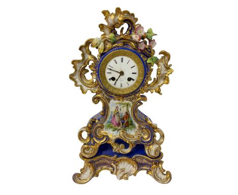 19th century French mantel clock retailed by Aubert &amp; Co. Geneve, in Paris porcelain case with matching plinth painted wi