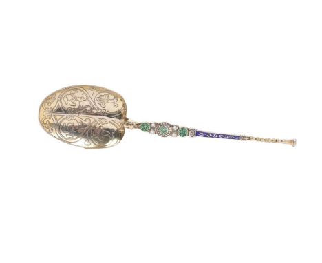 1920s silver and enamelled anointing spoon, with engraved bowl and twisted stem (Sheffield 1928) maker's mark L &amp; S. 17.2