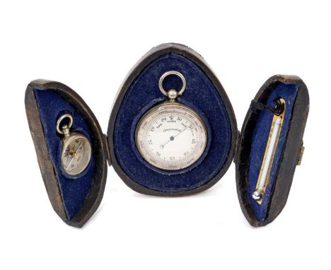 Good quality Late Victorian silver pocket barometer, matching pocket compass and thermometer in original fitted leather case,