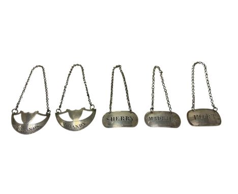 Collection of five, late 18th/early 19th century silver decanter labels, including a pair with shield and crescent decoration