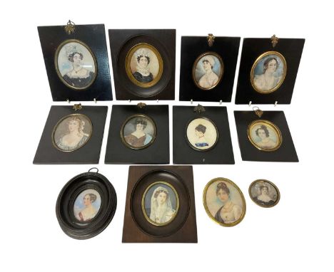 Collection of twelve 19th or early 20th century portrait miniatures of ladies on ivory, the largest 8 x 6cm, all framed. APHA