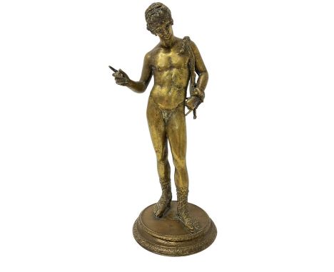 After the antique: Grand Tour type bronze figure of Narcissus, on circular plinth, 38cm highRather worn and polished. Lost al