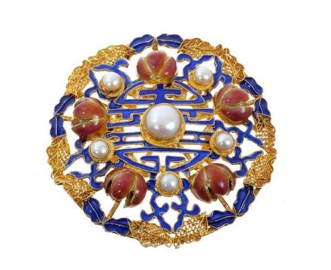 Chinese silver gilt and enamel pendant/brooch, the circular pierced disc with cultured pearls and enamel lotus flower decorat