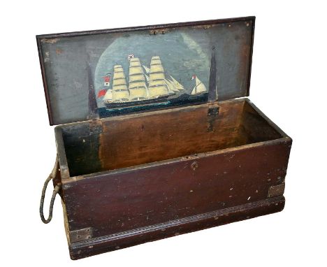 19th century seaman's chest of flared rectangular form, with flanking rope handles and painted ship decoration to interior of