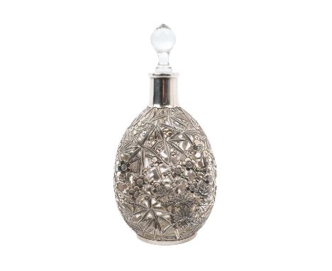 Chinese silver mounted Dimple Haig whisky bottle, with pierced bamboo and prunus decoration, separate glass stopper. Undersid
