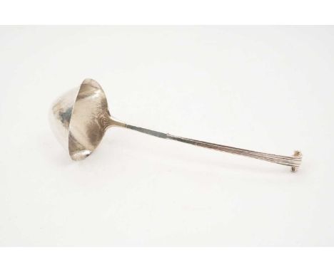 1930s Arts and crafts style silver ladle with spot hammered bowl and reeded stem with scroll terminal (London 1934) Omar Rams