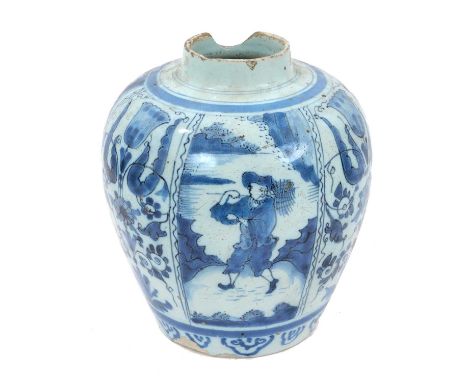 Antique blue and white delftware vase, probably 18th century Frankfurt, decorated in the Chinese style with alternating figur
