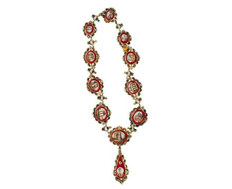 19th century Italian micro-mosaic necklace composed of eleven graduated micro-mosaic panels depicting classical Roman temples