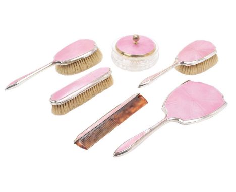 1930s Art Deco style six piece silver and pink guilloche enamelled dressing table set, comprising a powder bowl, pair hair br